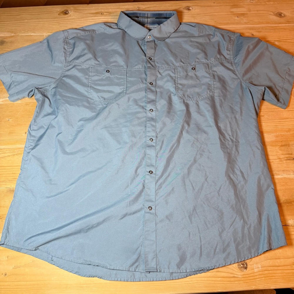 Kuhl Mens XL Short Sleeve Snap Front Hiking Shirt‎ Blue Micro Check Plaid Collar